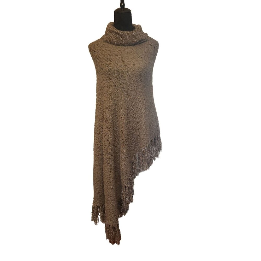 Fringed Knit Poncho Cape With Cowl Neck By Charlie Paige, OS